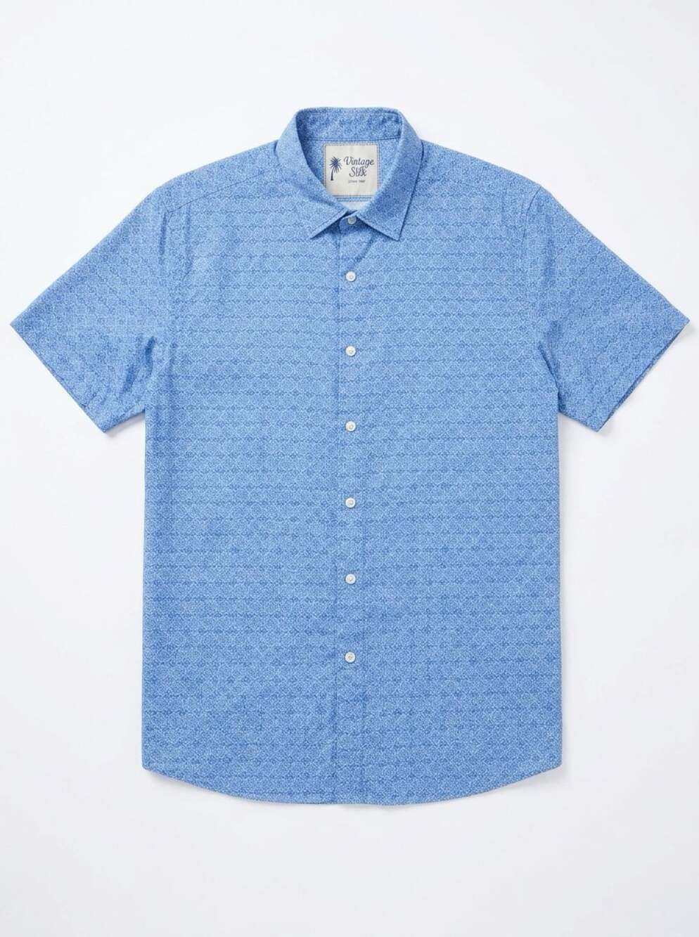 Vintage Silk Men's Blue Geo Print Short Sleeve Button-Up Shirt